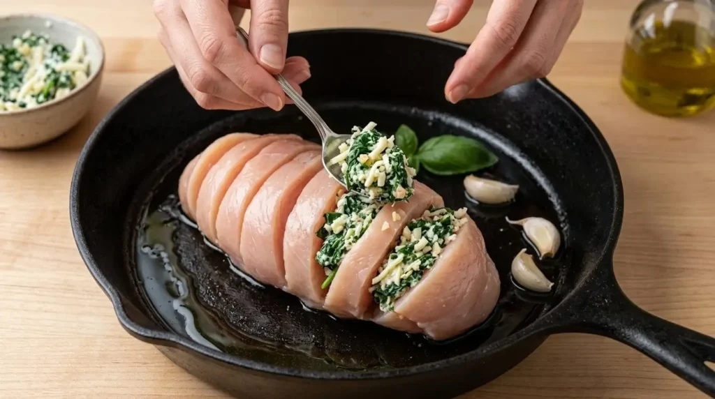 Stuffing spinach garlic ricotta and mozzarella filling into Hasselback chicken breast pockets