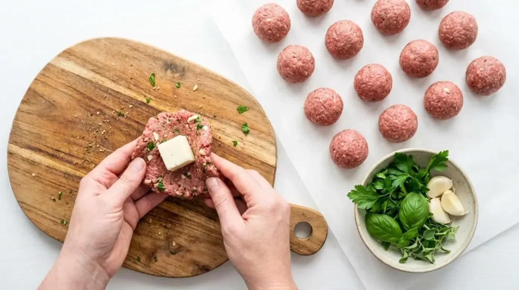 Hands wrapping seasoned ground beef around a block of mozzarella cheese to seal stuffed meatballs.