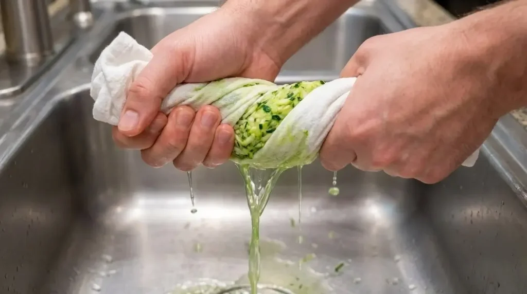 Wringing out excess water from shredded zucchini in a white kitchen towel to prevent soggy fritters.
