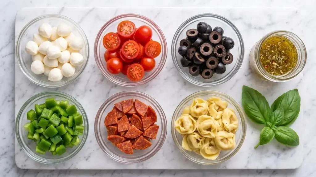 Fresh ingredients for tortellini pasta salad displayed in glass bowls