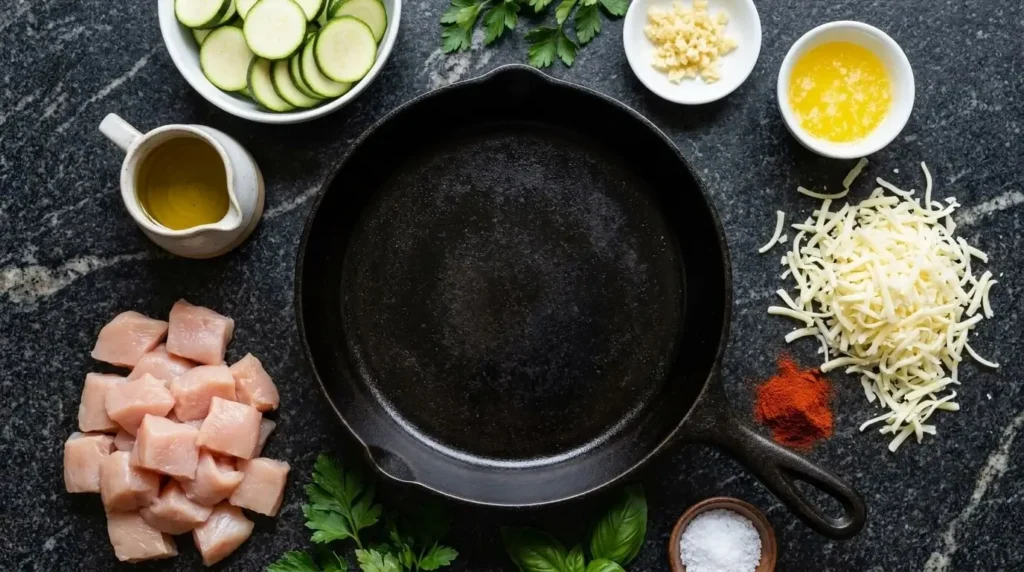 Raw chicken cubes, green zucchini discs, minced garlic, spices, olive oil, and mozzarella cheese arranged on a kitchen counter.