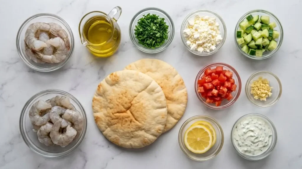 Fresh ingredients for Mediterranean shrimp flatbreads arranged in glass prep bowls on a marble countertop.
