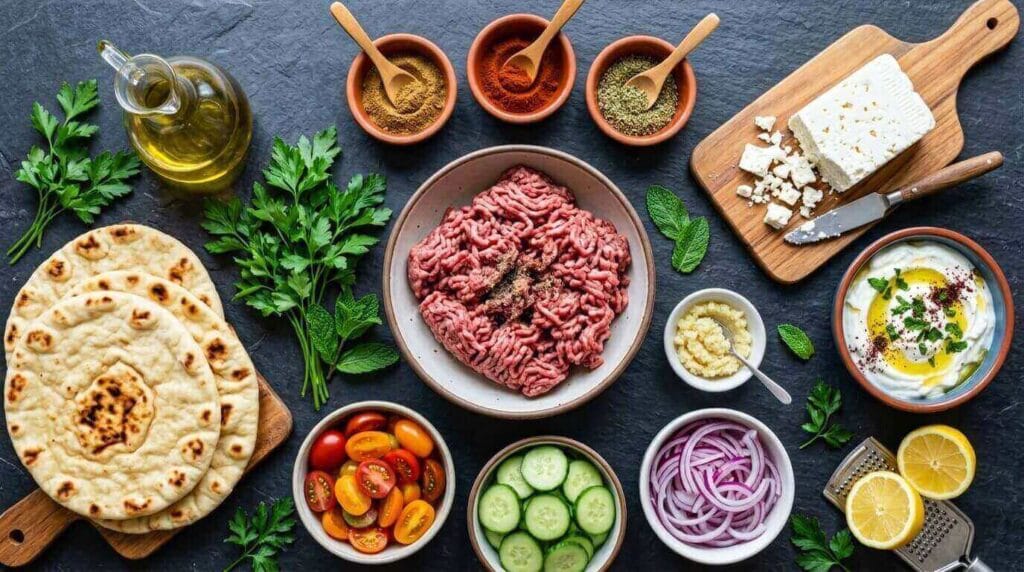 Fresh ingredients for Mediterranean beef flatbread recipe including ground beef, olive oil, garlic, spices, feta cheese, Greek yogurt, cucumber, tomato, and flatbreads.