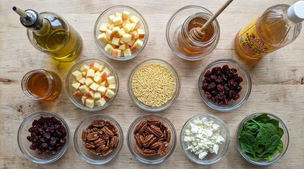 Fresh ingredients for apple cranberry orzo salad arranged in glass prep bowls