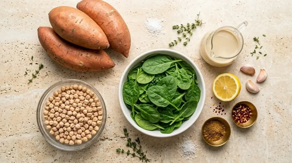 Ingredients for chickpea stuffed sweet potatoes including sweet potatoes, chickpeas, baby spinach, and tahini.