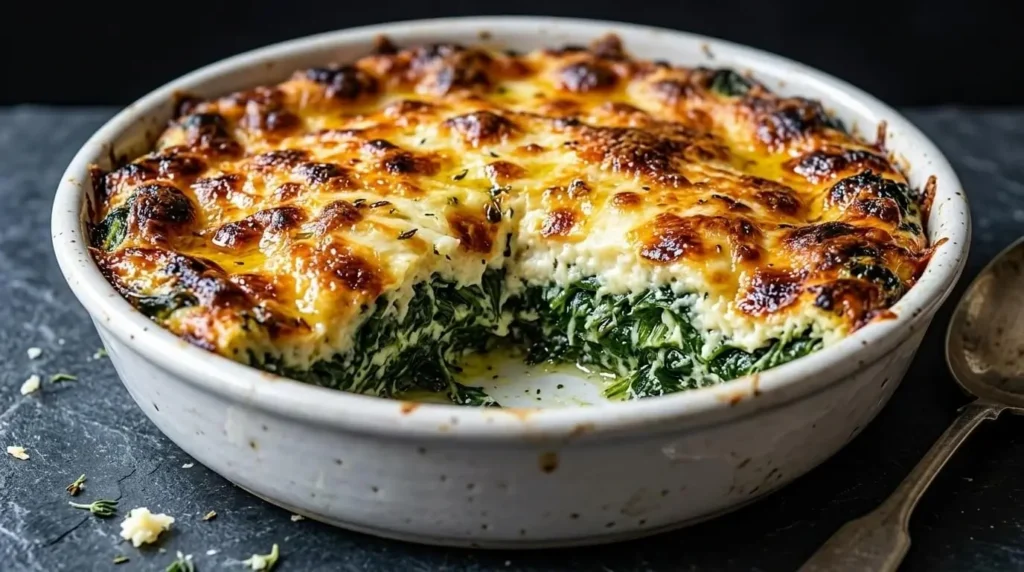 Freshly baked Italian spinach bake with a golden blistered cheese topping and creamy ricotta spinach layer in a white ceramic dish.