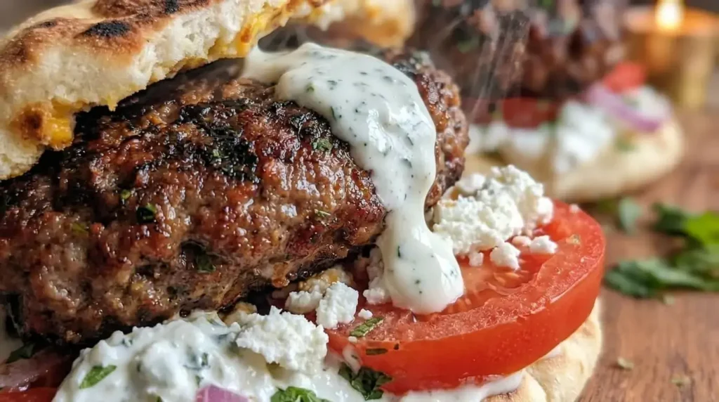 Hand pouring creamy garlic yogurt sauce over a juicy Lebanese Kafta burger in a charred pita with tomatoes and herbs.