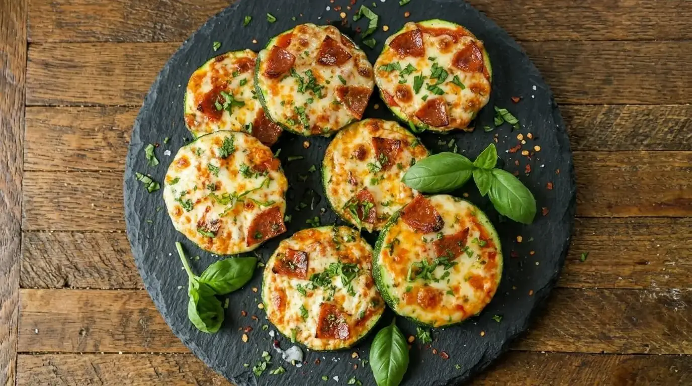 Golden brown melted cheese and beef pepperoni on thick keto zucchini pizza bites served on a slate tray.