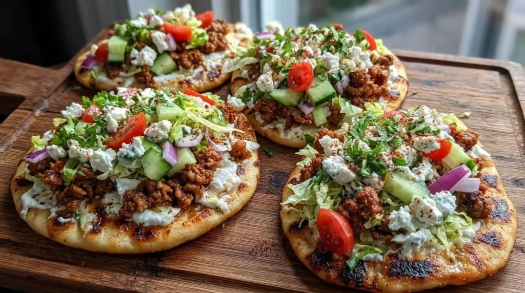 Four Mediterranean lamb and feta flatbreads topped with spiced ground lamb, fresh cucumbers, tomatoes, and feta cheese on a rustic wooden board.