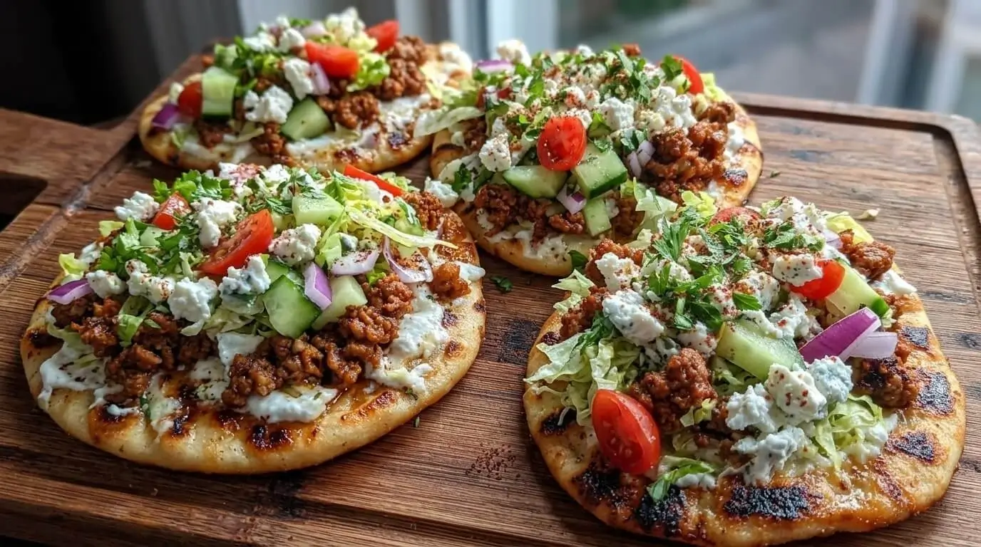 Four Mediterranean lamb and feta flatbreads topped with spiced ground lamb, fresh cucumbers, tomatoes, and feta cheese on a rustic wooden board.