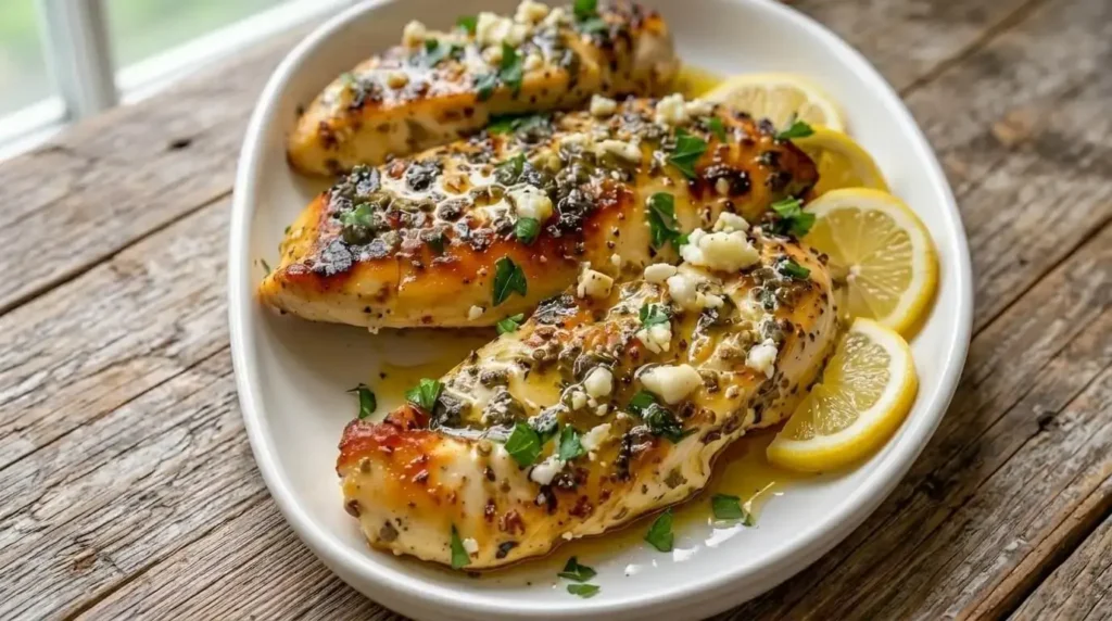 Glistening golden pan-seared chicken breasts with lemon-caper pan sauce, crumbled feta, and fresh parsley on a white platter on a rustic wooden table.