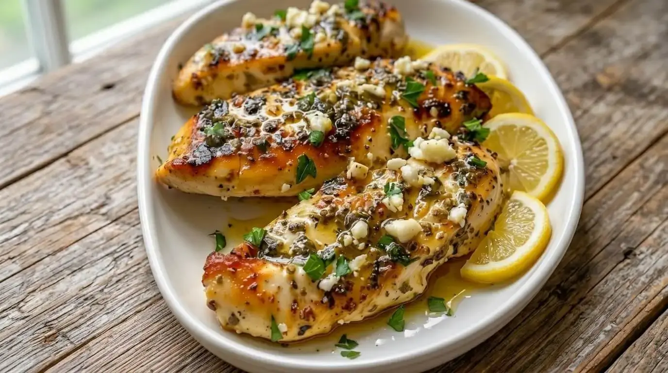 Glistening golden pan-seared chicken breasts with lemon-caper pan sauce, crumbled feta, and fresh parsley on a white platter on a rustic wooden table.