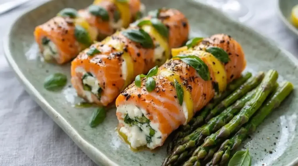 Baked lemon basil salmon rolls stuffed with spinach and feta cheese served with roasted asparagus on a green plate.