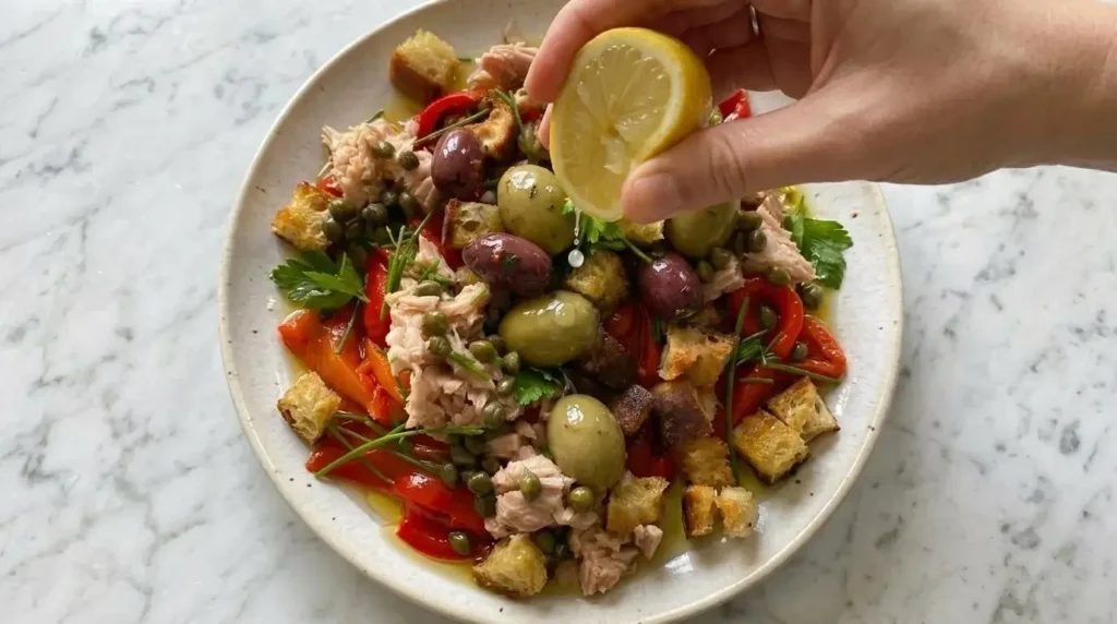 Overhead shot of Mediterranean tuna and roasted pepper panzanella salad with a hand squeezing fresh lemon over golden sourdough croutons, olives, and flaked tuna.