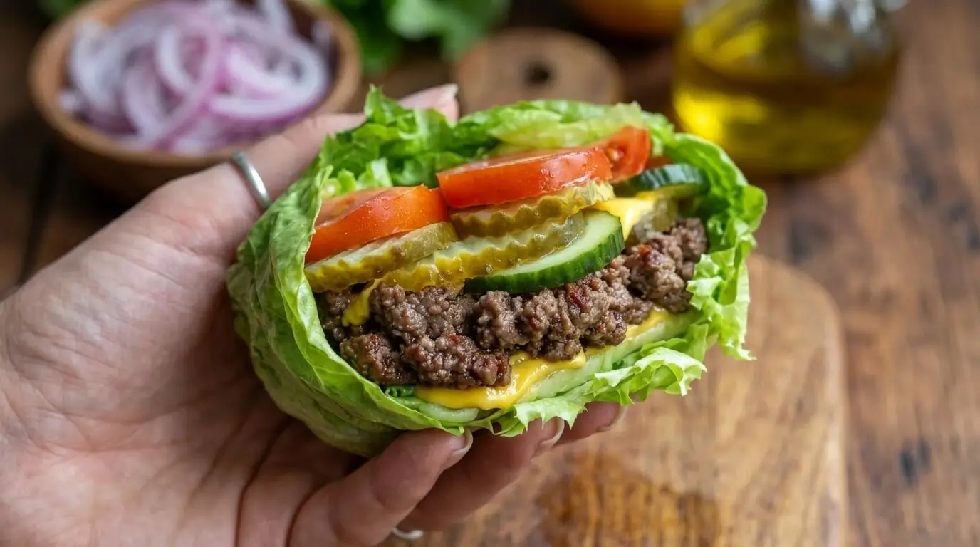 A juicy low-carb lettuce-wrapped cheeseburger stacked with melted cheese, cucumber slices, crinkle-cut pickles, and tomato.