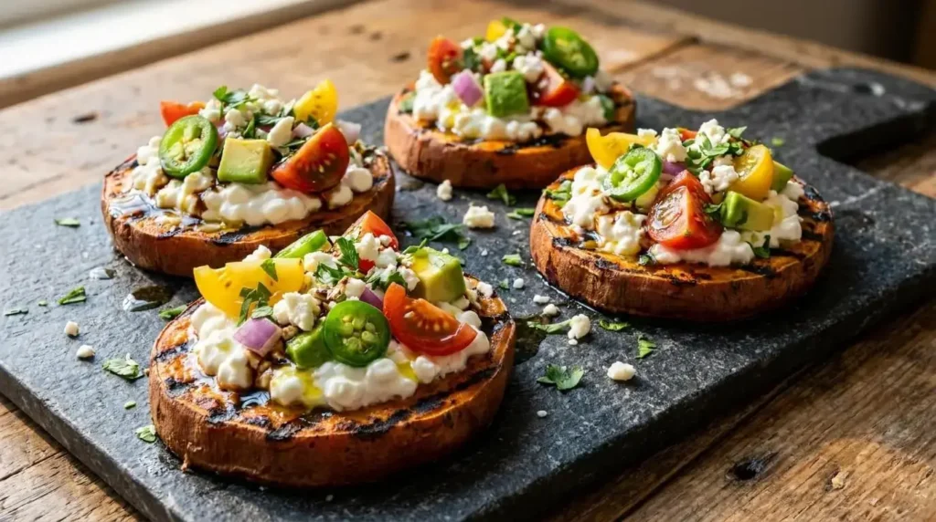 Loaded Savory Sweet Potato Toasts topped with cottage cheese, avocado tomato salsa, and feta cheese on a rustic platter.