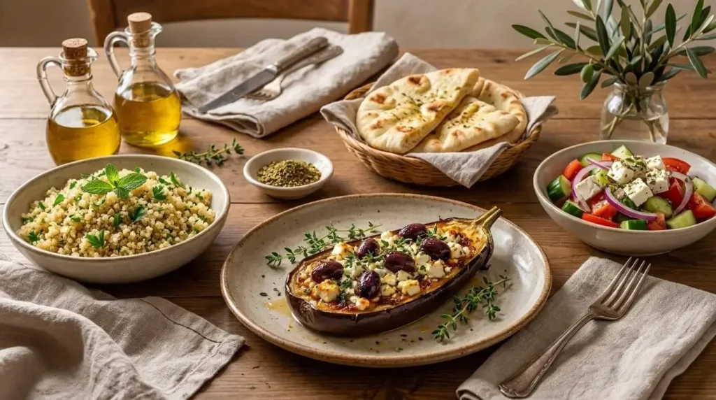 Plated honey-roasted stuffed eggplant served with warm pita bread and a fresh Mediterranean salad.
