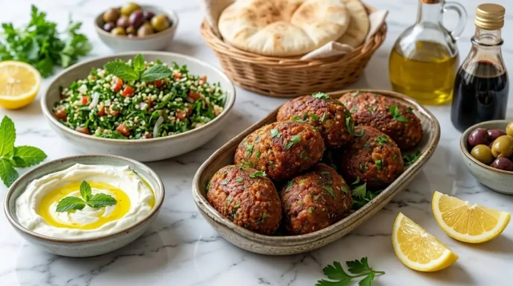 Baked Lebanese kibbeh served on a Mediterranean mezze spread with labneh dip, tabbouleh, and pita bread.