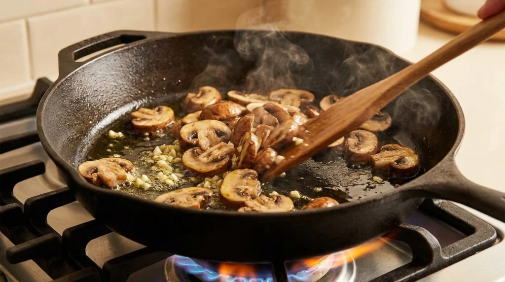 Sautéing cremini mushrooms and minced garlic in an olive oil skillet.