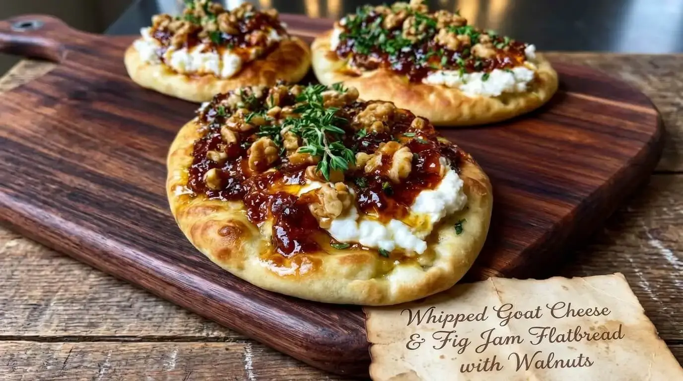 Whipped Goat Cheese & Fig Jam Flatbread with Walnuts on a rustic wooden board garnished with fresh thyme.