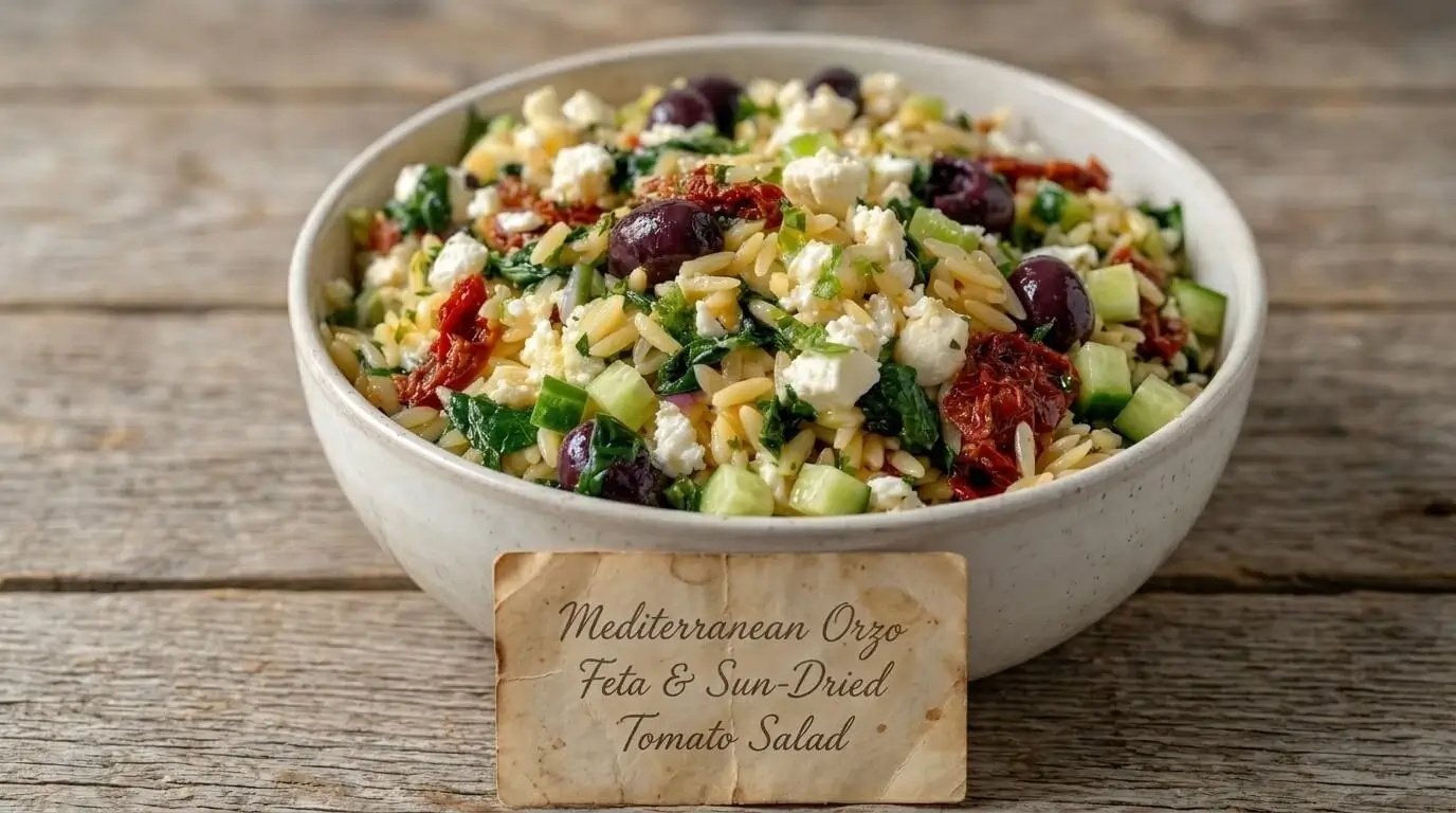A bowl of Mediterranean Orzo Feta and Sun-Dried Tomato Salad with fresh spinach, olives, and lemon dressing on a rustic wood background.