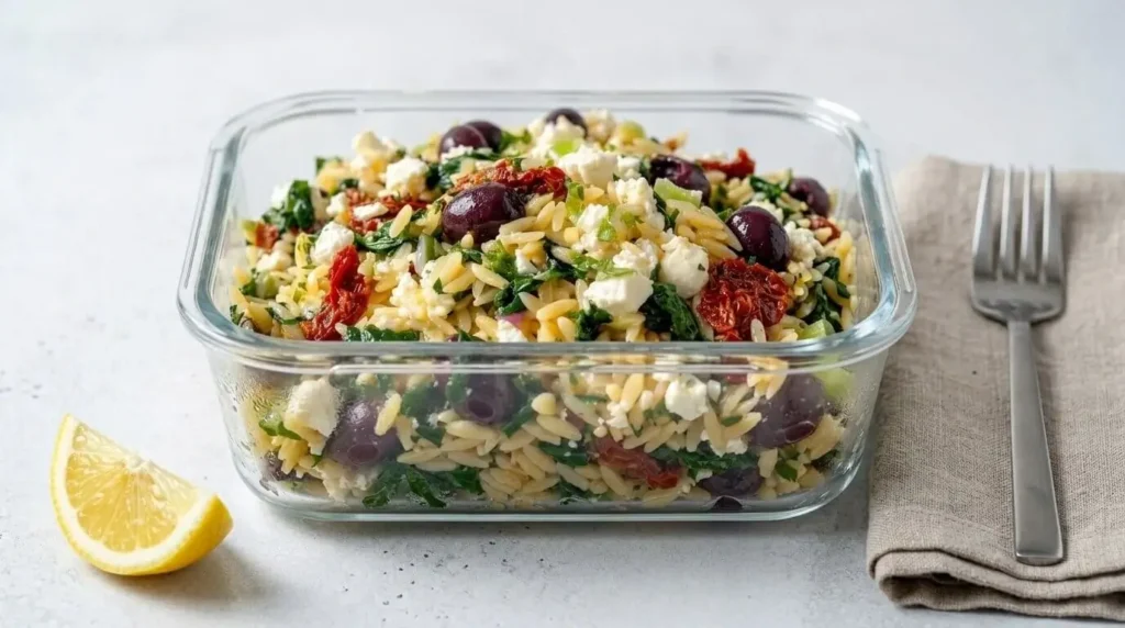 A glass container filled with chilled Mediterranean orzo salad topped with feta cheese and fresh basil for meal prep.
