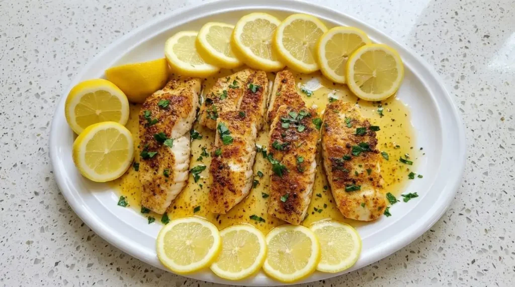 Pan-seared white fish fillets with a golden garlic-paprika crust and lemon butter sauce garnished with parsley on a platter.