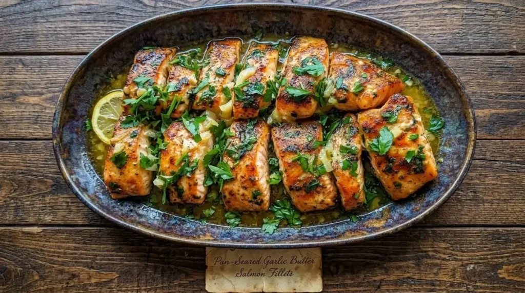 Pan-Seared Garlic Butter Salmon Fillets served on a dark rustic platter with fresh parsley garnish.