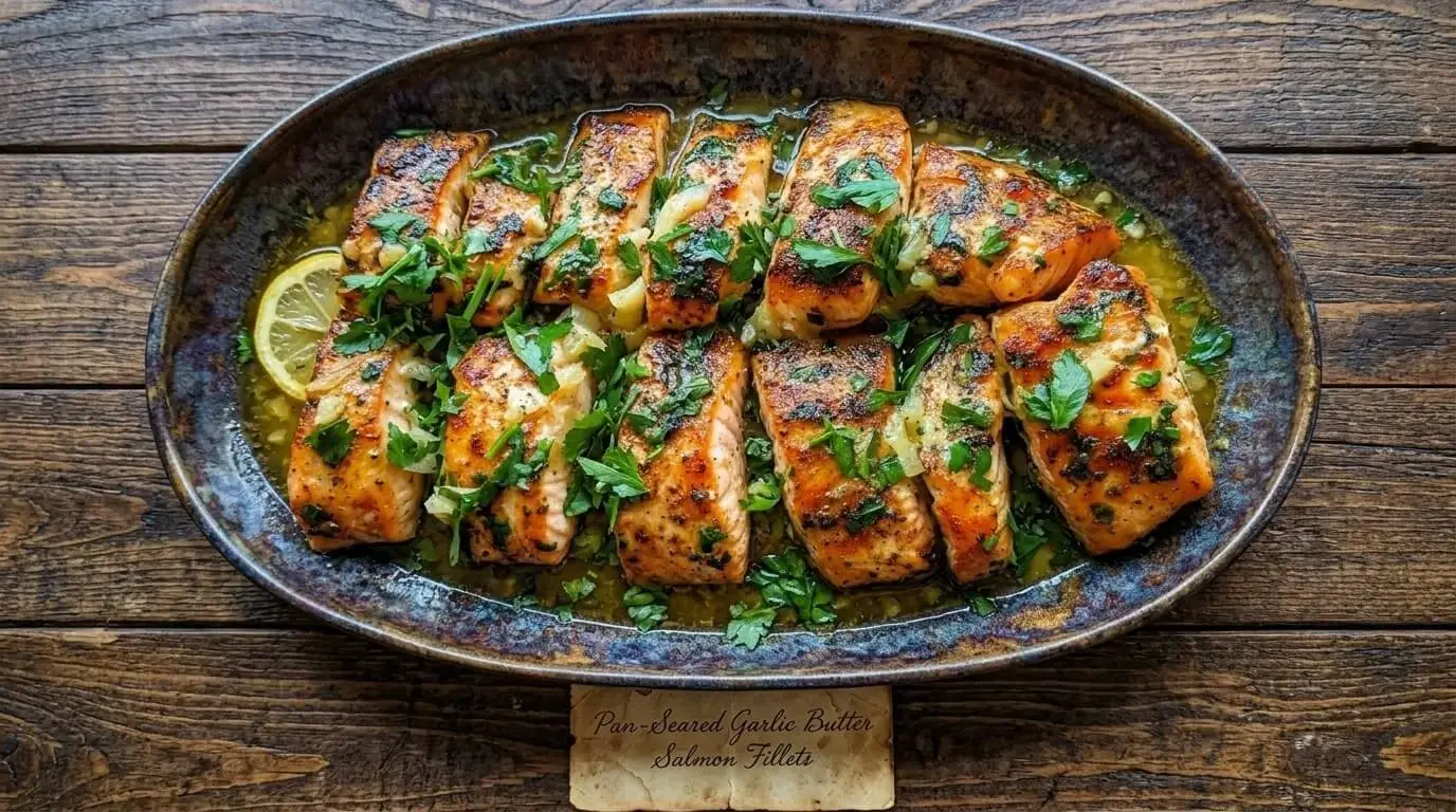 Pan-Seared Garlic Butter Salmon Fillets served on a dark rustic platter with fresh parsley garnish.