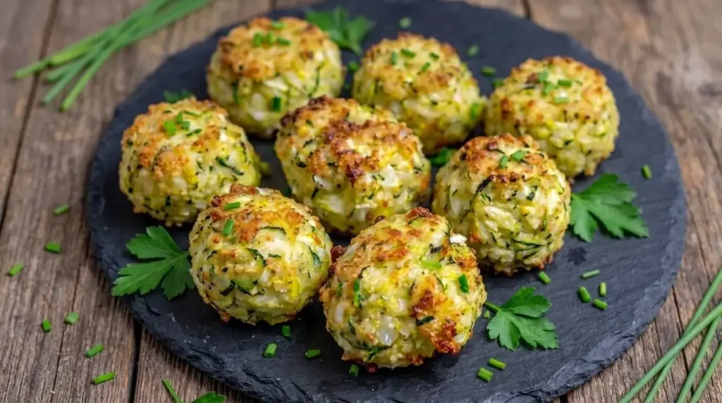 Crispy baked zucchini garlic bites topped with fresh chives and parmesan on a dark slate board.
