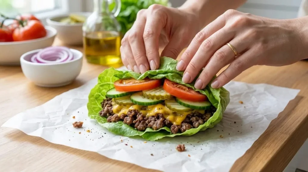 Hands wrapping a low carb cheeseburger in crisp green lettuce with fresh toppings.