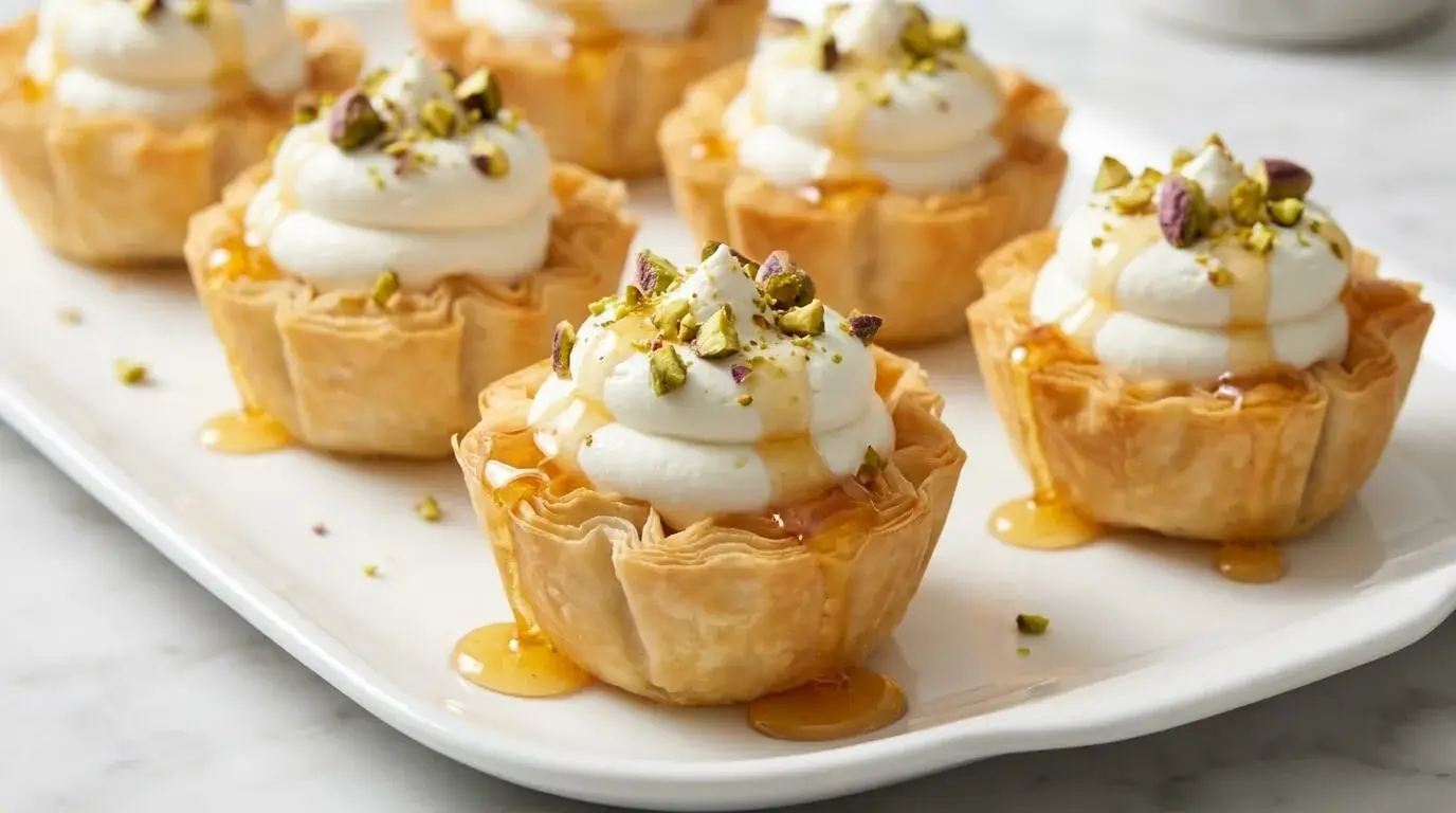 Honey Phyllo Cups with Whipped Feta garnished with crushed pistachios and honey drizzle on a white platter.