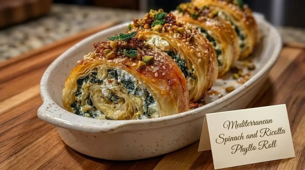 Golden crispy sliced Mediterranean spinach and ricotta phyllo roll topped with sesame seeds, pistachios, and fresh mint in a white serving dish.