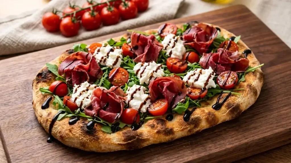 Crispy Italian Pinsa Romana flatbread topped with torn burrata cheese, beef prosciutto, fresh arugula, halved cherry tomatoes, and glossy balsamic glaze drizzle.
