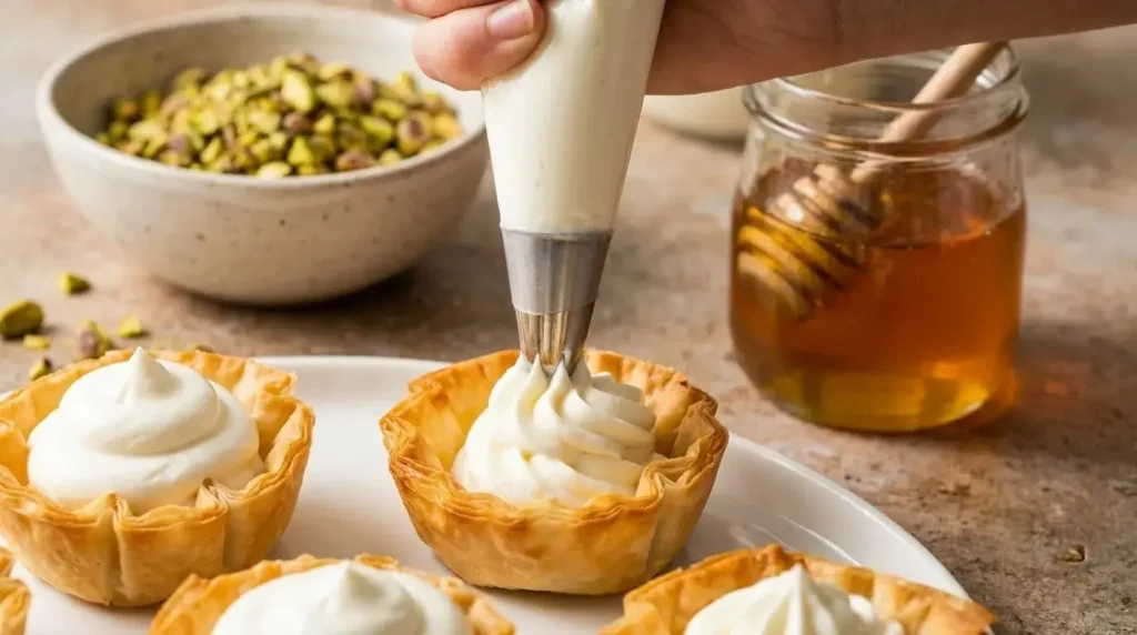 Piping smooth whipped feta cream into a golden baked phyllo cup using a star piping tip.