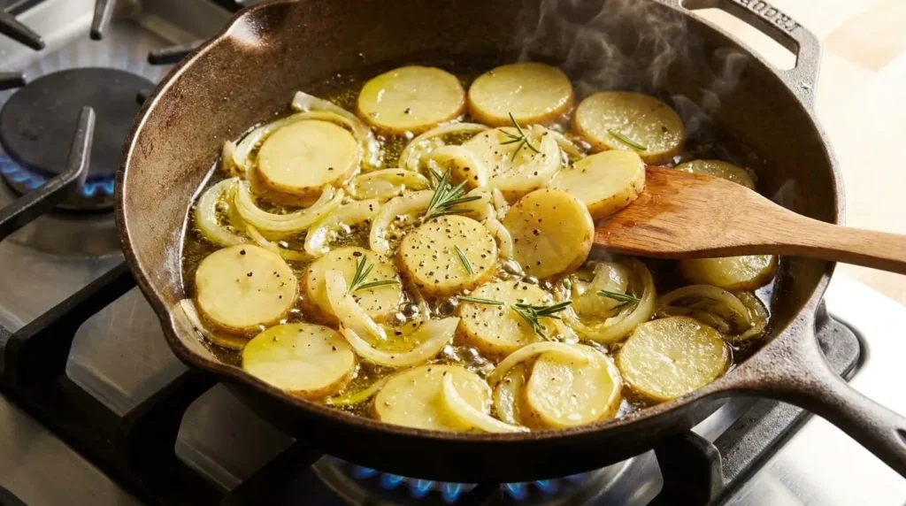 Thinly sliced potatoes and onions slow-poaching in extra virgin olive oil in a skillet.