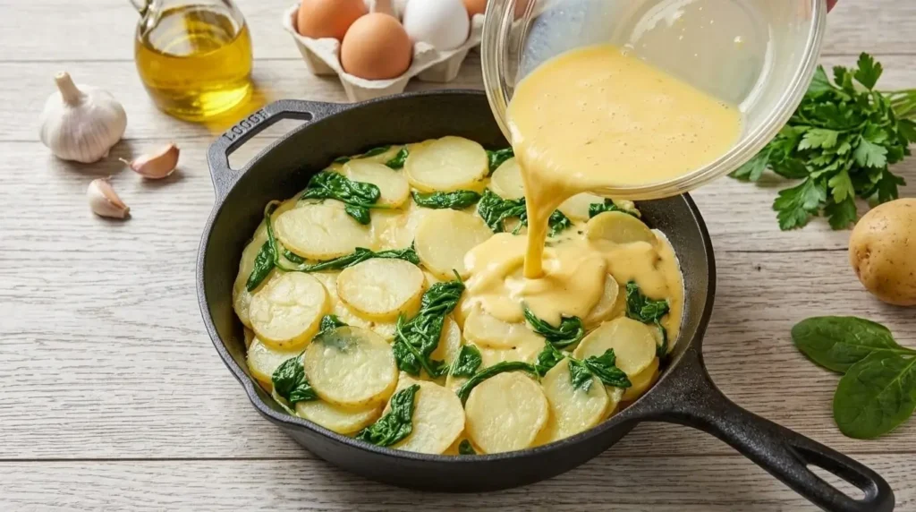 Pouring whisked egg mixture over layered potato rounds and spinach in a 10-inch skillet.