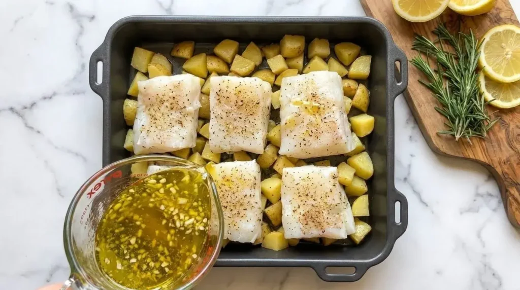 Assembling raw cod fillets and par-roasted potatoes with garlic lemon olive oil marinade in a baking dish.