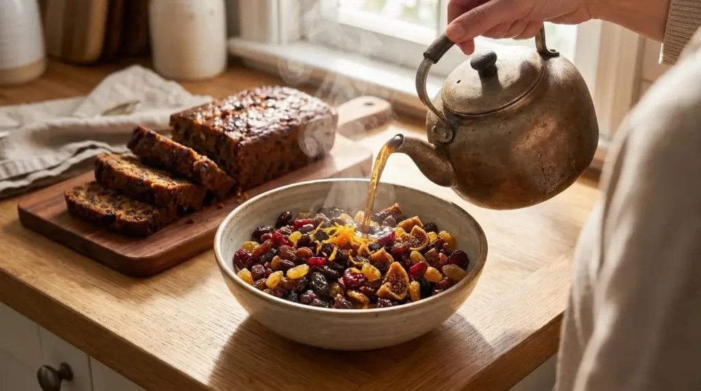 Hot black tea pouring over mixed dried fruit and orange zest in a bowl for fruit cake preparation.