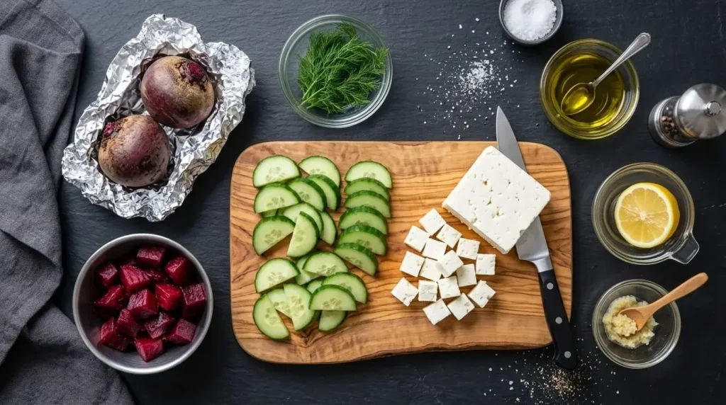 Ingredients for beetroot, feta and cucumber salad including roasted beets, cucumber half-moons, block feta, and fresh dill