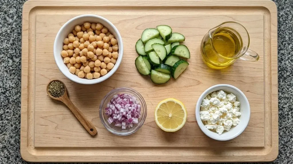 Fresh ingredients for Mediterranean chickpea cucumber feta salad arranged on a wooden board.