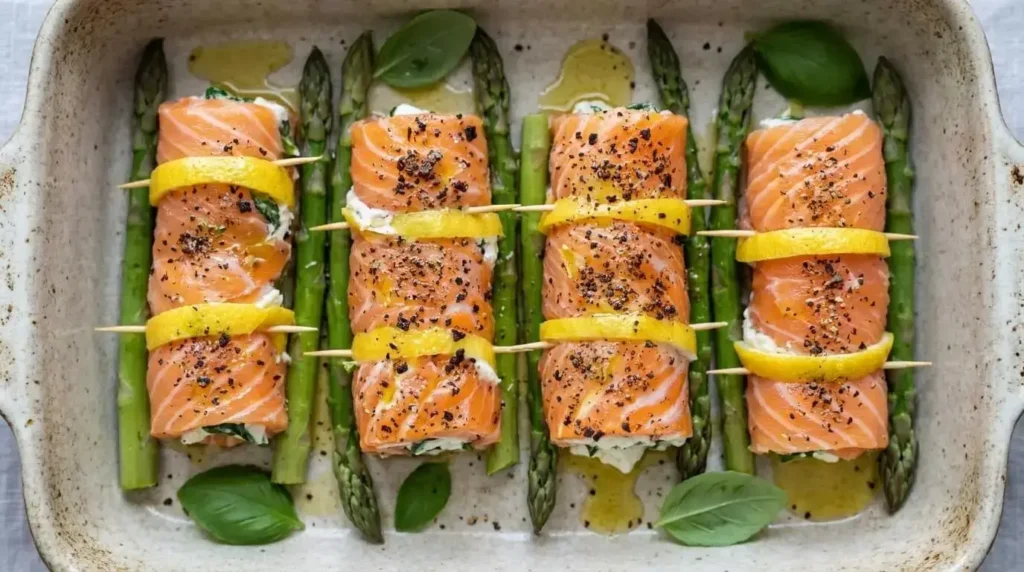 Raw stuffed salmon rolls and asparagus spears arranged in a ceramic baking dish ready for baking.