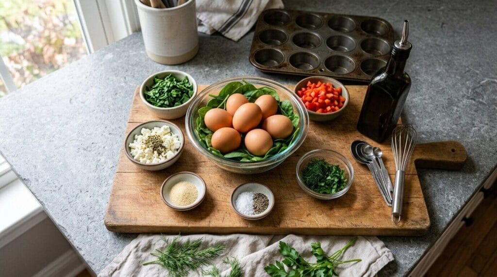 Top-down view of fresh ingredients for spinach feta egg muffins, including a glass bowl of eggs, fresh spinach, diced red bell pepper, crumbled feta cheese, olive oil, and herbs on a rustic wooden board.
