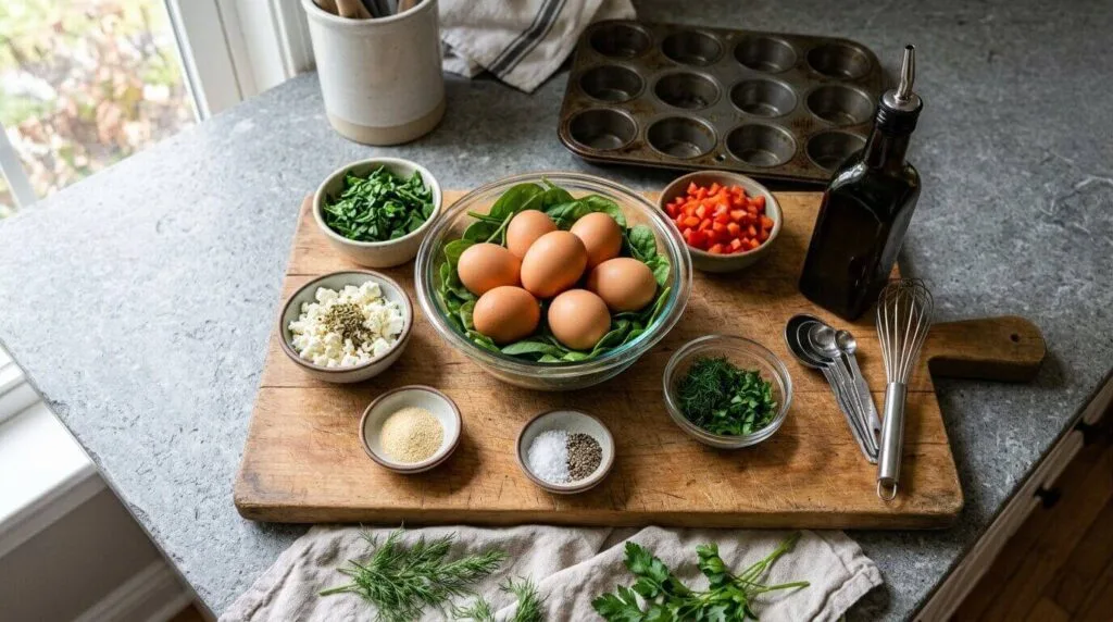 Top-down view of fresh ingredients for spinach feta egg muffins, including a glass bowl of eggs, fresh spinach, diced red bell pepper, crumbled feta cheese, olive oil, and herbs on a rustic wooden board.