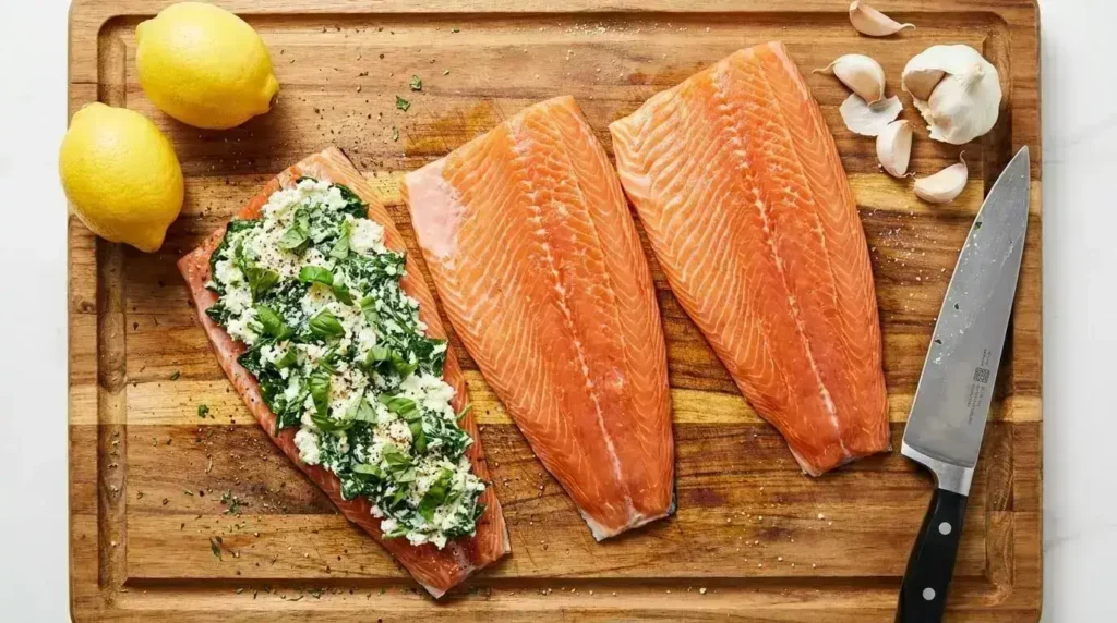 Butterflied salmon fillet being spread with lemon basil ricotta and spinach filling on a cutting board.