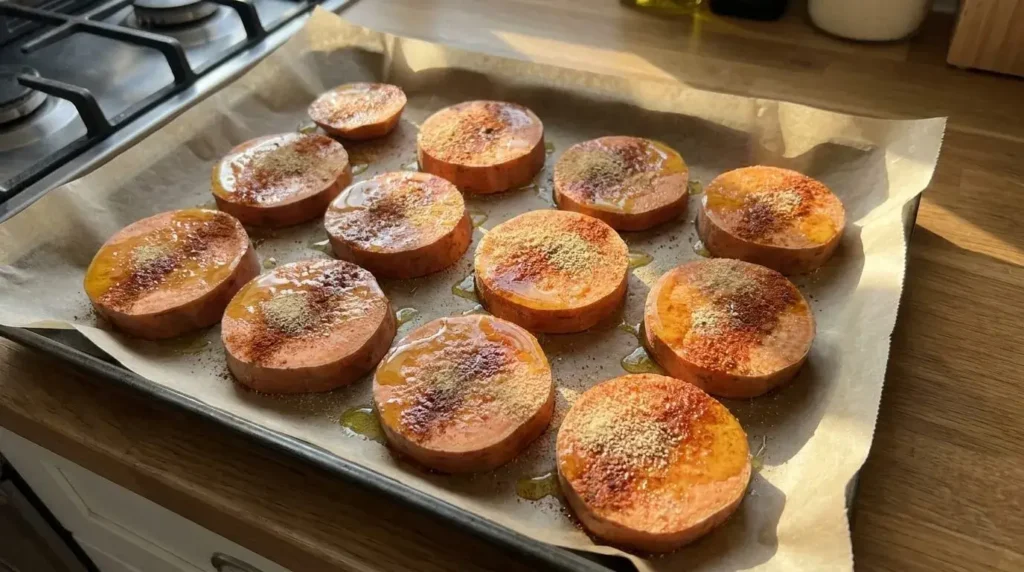 Seasoned sweet potato rounds brushed with olive oil and paprika arranged on a parchment-lined sheet pan.