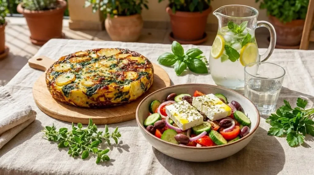 A whole round potato and spinach quiche served alongside a Mediterranean side salad on a decorated table.