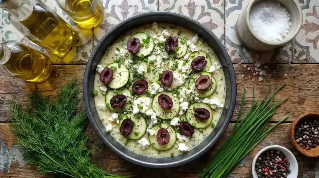 "An unbaked crustless zucchini and feta quiche in a round pan topped with sliced black olives and fresh zucchini wheels."