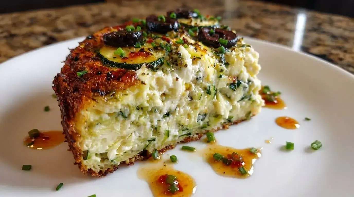 "A slice of Mediterranean zucchini, feta, and olive crustless quiche with golden caramelized edges, chives, and chili oil drizzle on a white plate."