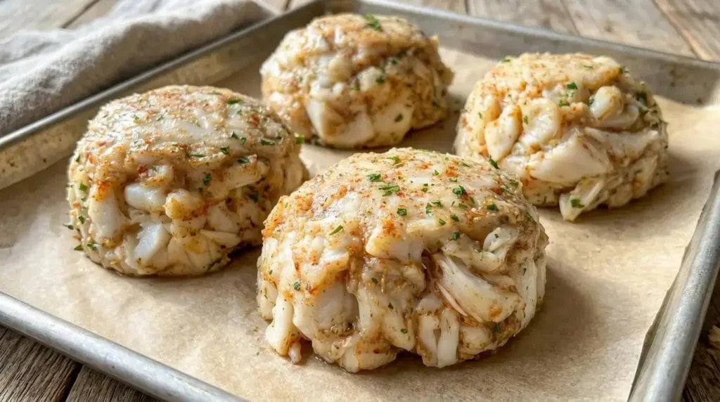 Raw domed jumbo lump crab cakes shaped and placed on parchment paper for chilling.